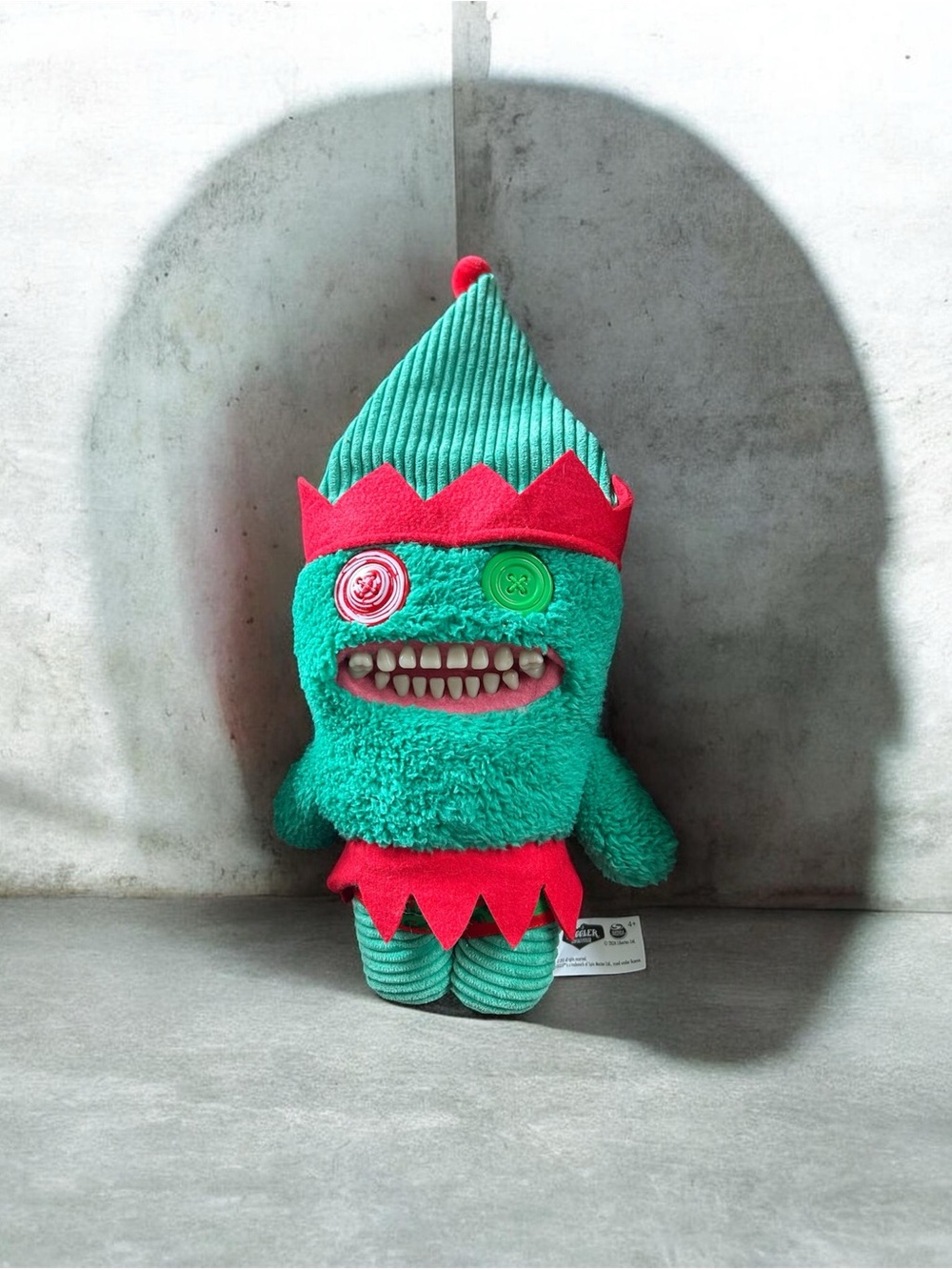 Festive Teal Plush 9” Elf with Red Accents and Human Like Teeth EUC